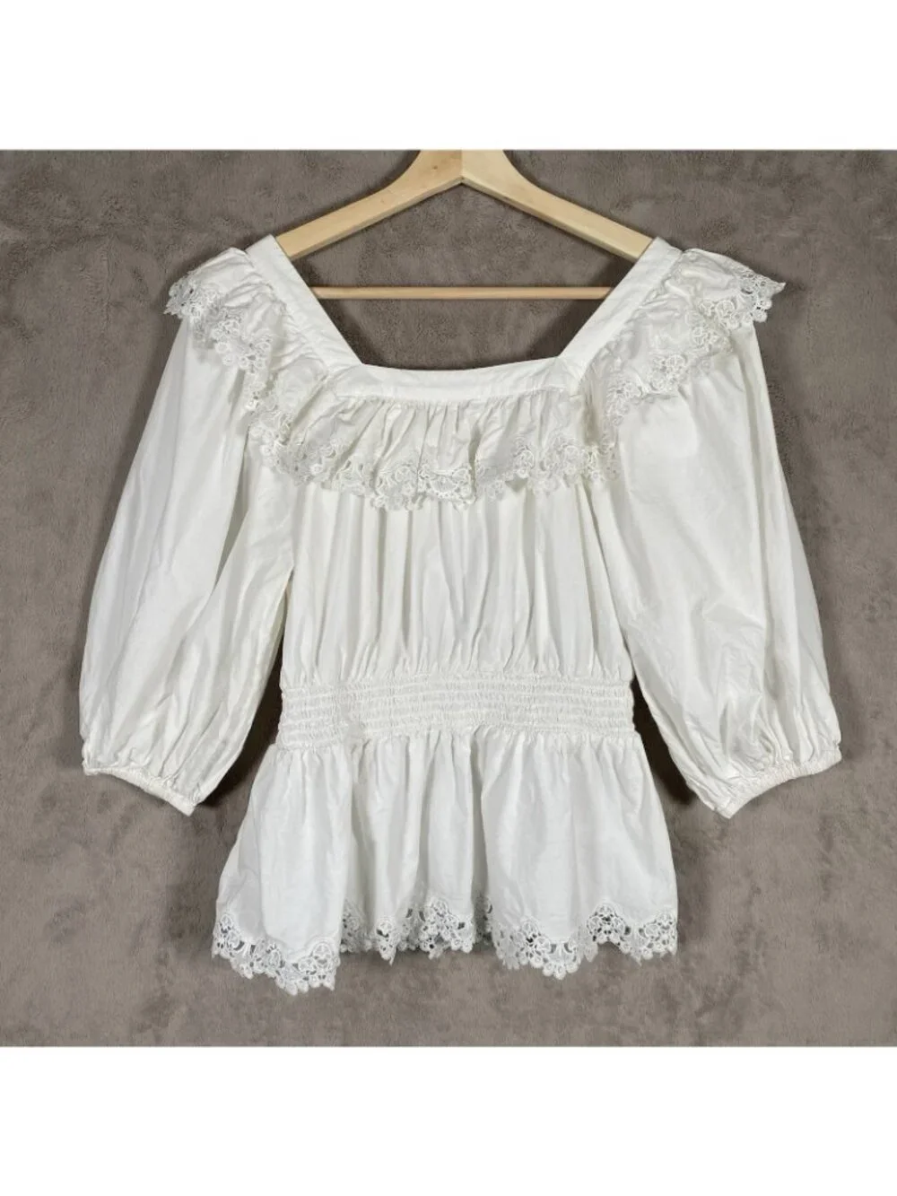 Maeve Peplum Eyelet Blouse M White Puff Sleeve Romantic Boho Peasant Milkmaid